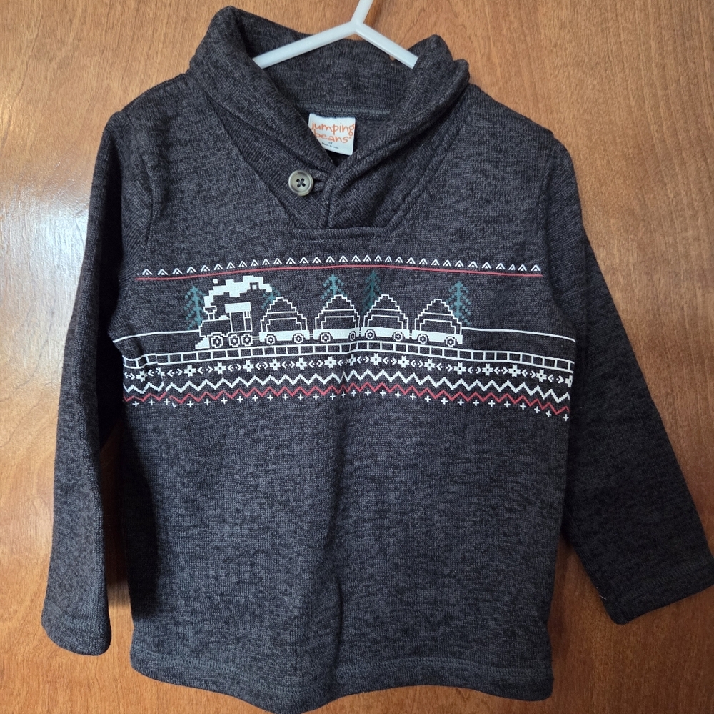 jumping beans Charcoal Shawl Collar Sweater with Train Fair Isle Stripe
